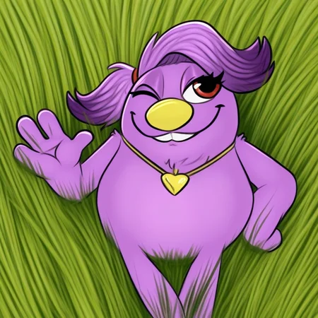 beffica(Character), purple fur, female, Solo, on grass, wink, on her side, head on hand, smile,