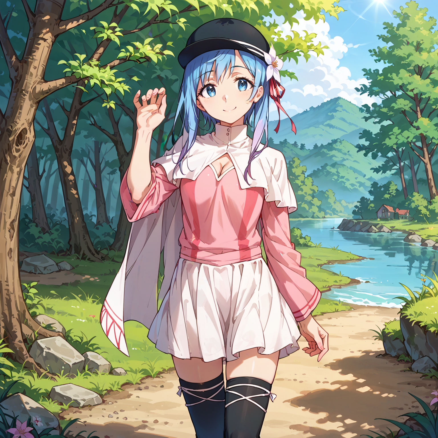 score_9, score_8_up, score_7_up,source_anime, village far away, forest, sunlight, hand up, cute pose, river, standing, head tilt, relaxing, legs, smile,  <lora:HinaFarrow:0.9> hina farrow, pink dress, cleavage cutout, hat flower, white capelet, clothing cutout black headwear, red ribbon, white skirt, boots, black thighhighs,