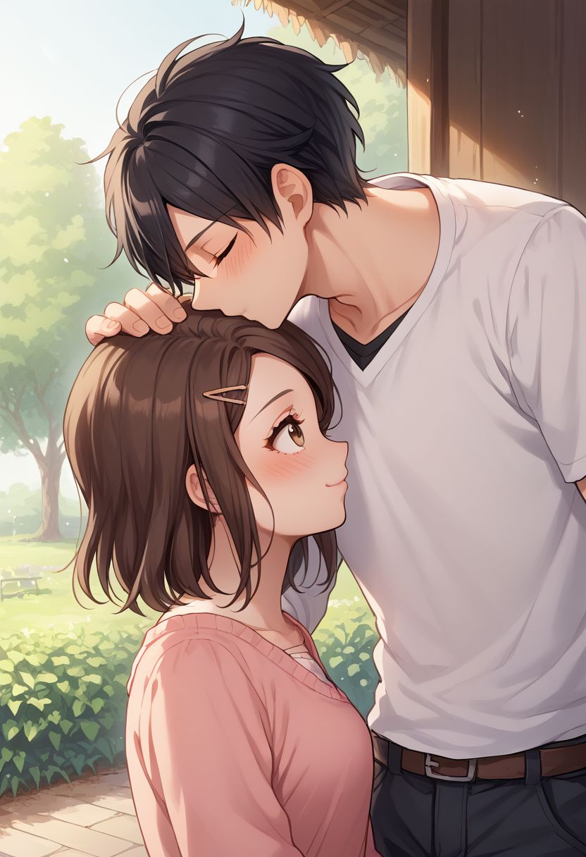 score_9, score_8_up, source_anime, highly detailed, 
kissing forehead, 1girl, 1boy, brown hair, brown eyes, hairpin, black hair, hetero, closed eyes, hair ornament, couple, short hair, blush, kissing forehead, adults, husband, wife,
outdoor, height difference,