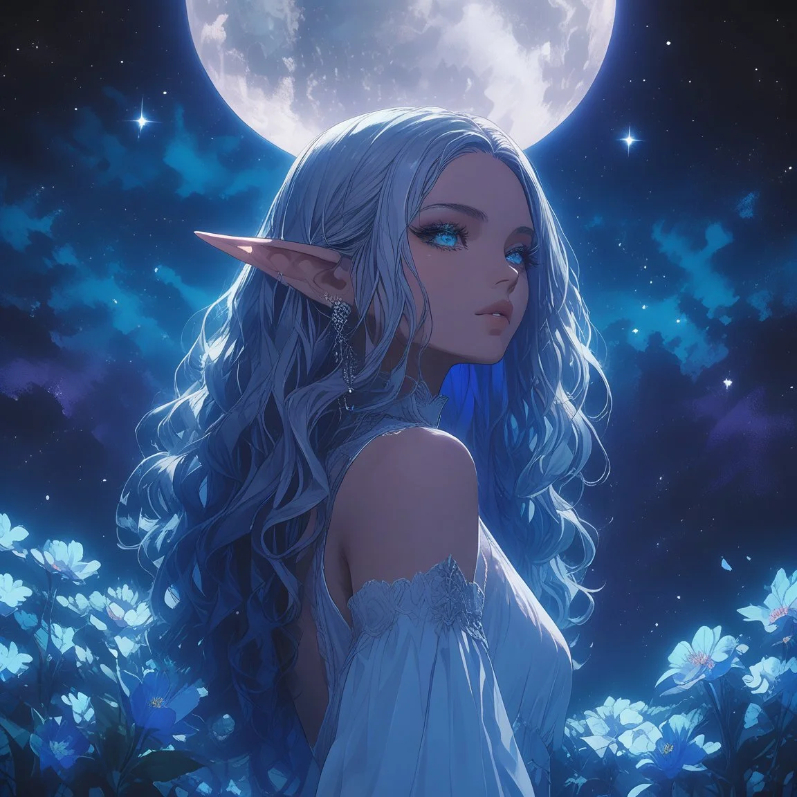 elf, female, elf ears, long flowing white hair, glowing eyes, moonlit night, full moon, night sky, stars, glowing flowers, moonlight glow, best quality, <lora:Elf-000011:0.9>
