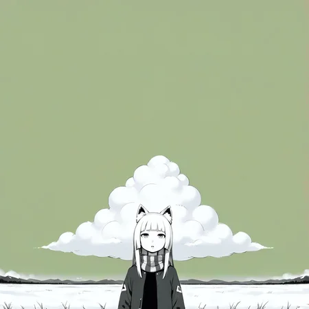 1girl, long hair, (short bangs, blunt bangs, forehead:1.4), eyebrow, fox ears, open coat, straight hair, checked scarf, small breasts, looking at viewer, (parted lips:1.2), (jitome:1.3)  ,
windy hair, lokking afar, looking up,
[realistic::0.1]
gray green background, (limited palette, flat color:1.2), negative space, margin, (sky background, huge cloud:1.4) , snow field
<lora:Margin-Pony:1>
score_9, score_8_up, score_7_up,score_6_up, best quality, hires,