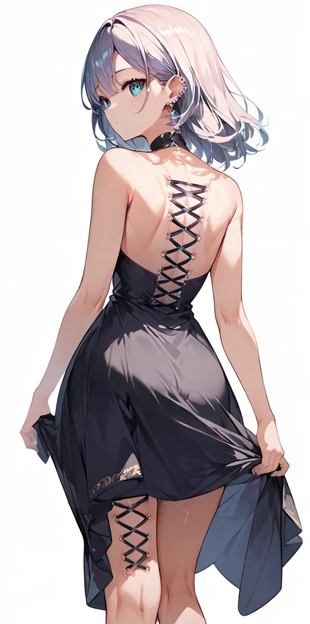 score_9, score_8_up, score_7_up,source_anime, high res image,masterpiece,best quality,girl,cute face,clear skin,shiny hair,ultra detailed eyes,simple background, <lora:corset piercing_pony_V1.0:1> corset piercing, riboon, piercing,dress,from behind,thigh piercing