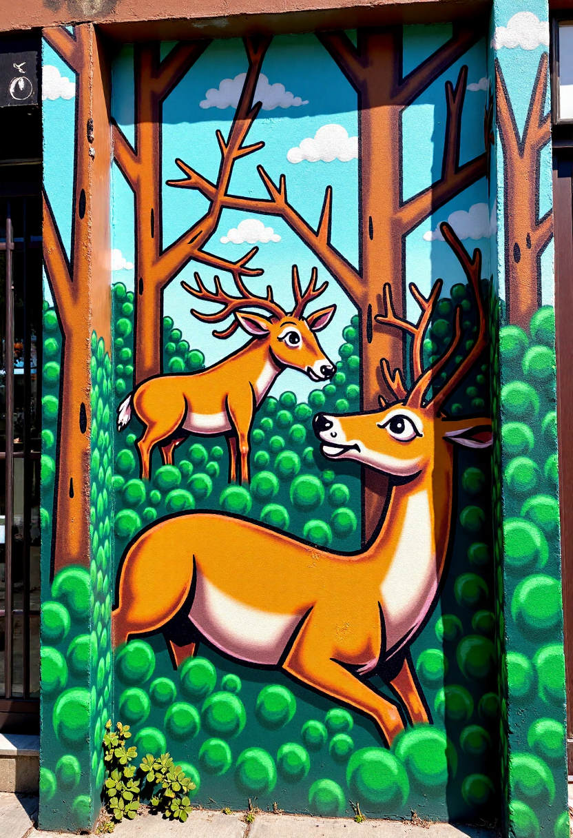 <lora:Brick_Wall_Graffiti_FLUX:1>
This photograph captures a vibrant, detailed mural on a wall, painted in a bold, cartoonish style. The mural features a stylized depiction of  a deer in a forest