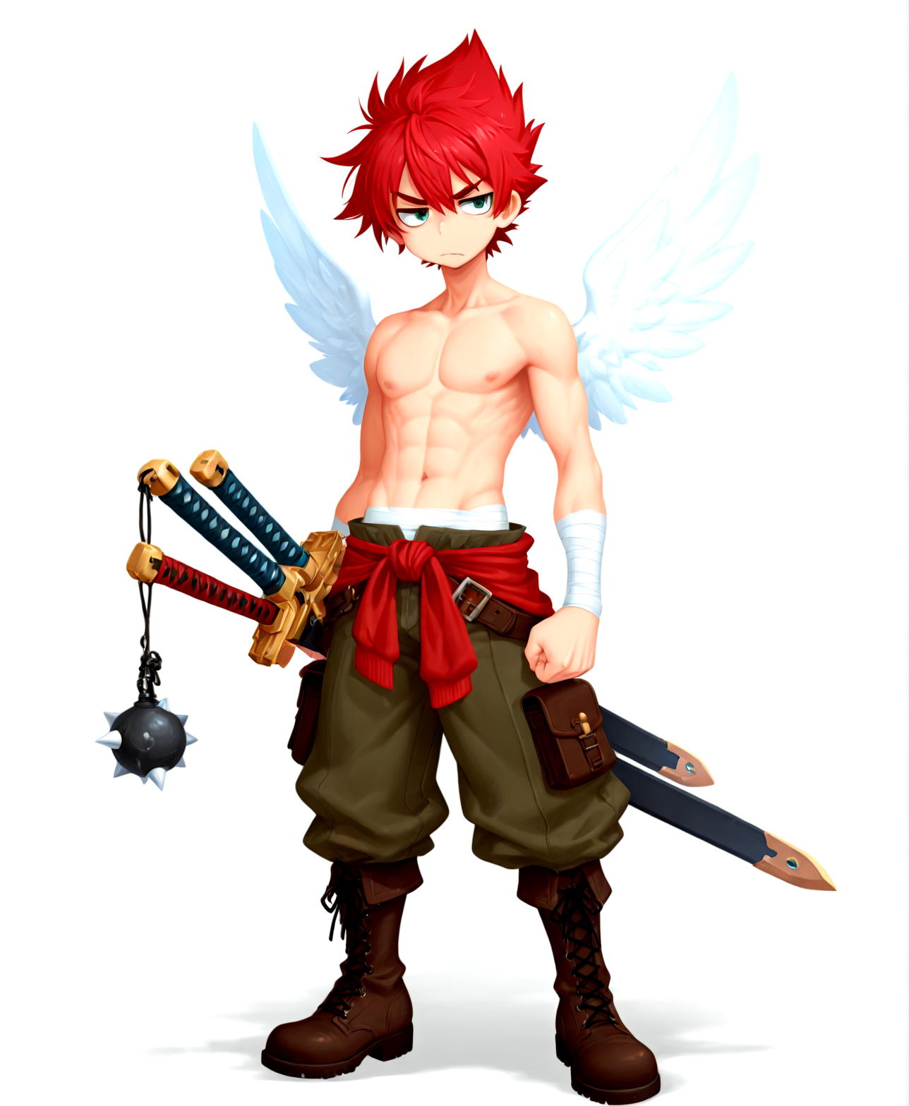 1boy, boots, frown, kyousaku, male, mygrimoire, original, pants, redhead, sarashi, shirtless, smoke, solo, spiky hair, sword, waka-sama \(mygrimoire\), weapon, white background, wings