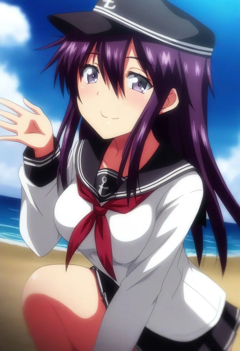 score_9,score_8_up,score_7_up,source_anime,anime, BREAK,
JoshiLuck_AnimeStyle,
(cute),1girl, akatsuki (kancolle), (medium breasts), purple hair, long hair, hair between eyes, purple eyes,
serafuku, black flat cap, black sailor collar, black mini skirt, long sleeves, neckerchief, red neck ribbon, sailor collar,
looking at viewer,
smile, cheerful,
any pose,
angle:random,
outdoors, shiny light, beach,