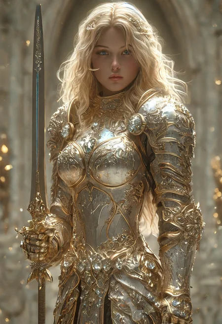 amazing quality, masterpiece, best quality, hyper detailed, ultra detailed, UHD, perfect anatomy, (in castle:1.2),
girl knight, holding a sword, dazzling ,transparent ,polishing, (1 arm up),
waving sword, gold armor, glowing armor, glowing eyes, full armor, shine armor, dazzling armor, 
<lora:HKStyle:0.85>, HKStyle,
<lora:add-detail-xl:0.75>,
<lora:quality1:0.75>,
<lora:extremely_detailed:0.6>, extremely detailed,
 <lora:ral-bling-sdxl:0.7> ral-bling,