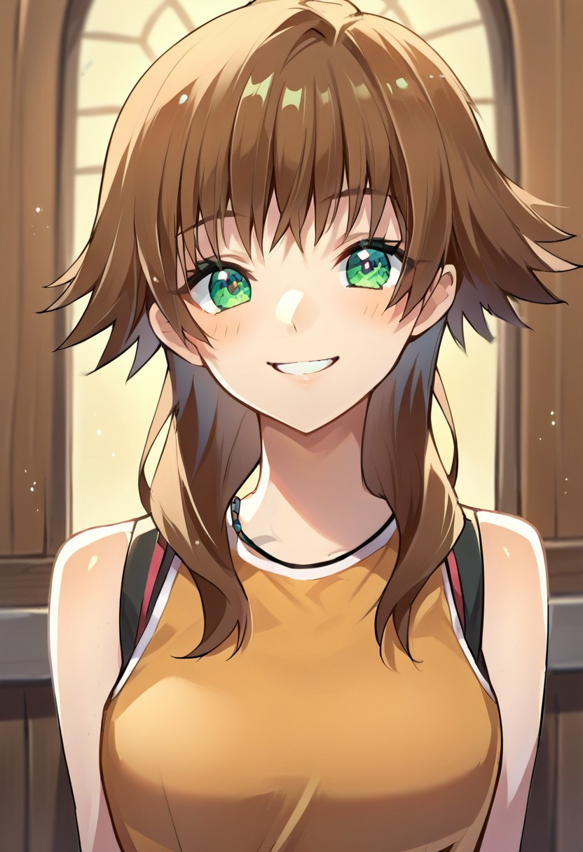 score_9, score_8_up, score_7_up, source_anime, kholette, 1girl, solo, smile, jewelry, looking at viewer, shirt, bare shoulders, blush, sleeveless