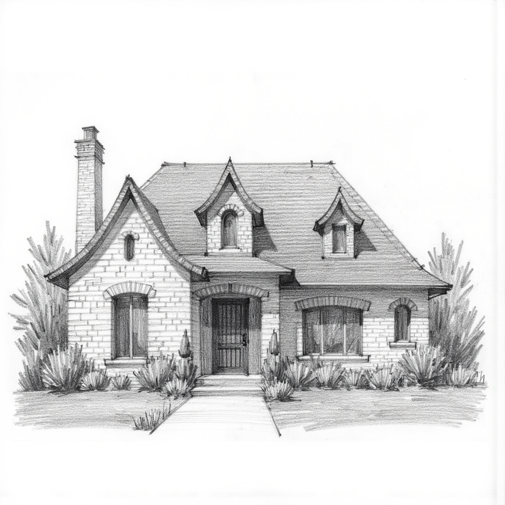 <lora:PencilSketch_Style - FLUX:1> pencil sketch style
architectural sketch of a french countryside style house, arched windows, stone walls, curvy roof, dormers, iron door, small oval window on the side, amazing landscaping,
