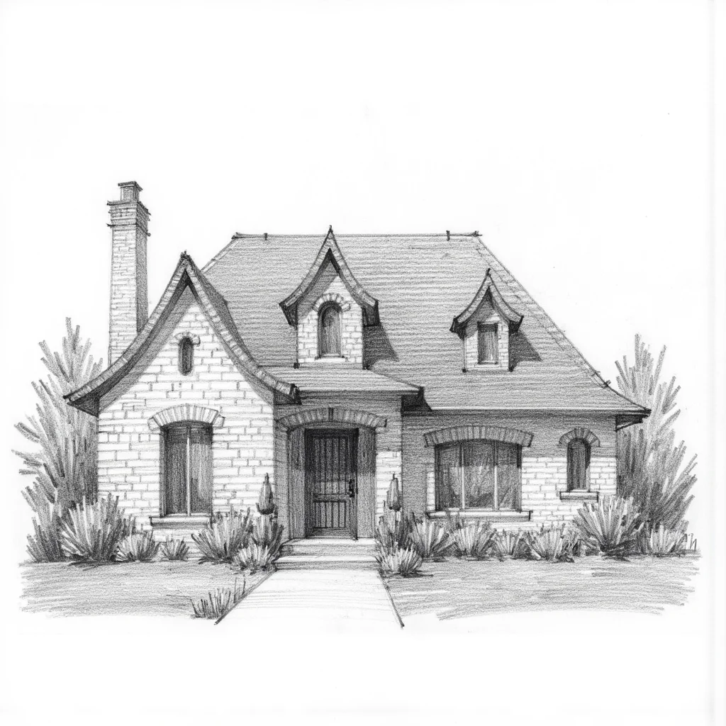 <lora:PencilSketch_Style - FLUX:1> pencil sketch style
architectural sketch of a french countryside style house, arched windows, stone walls, curvy roof, dormers, iron door, small oval window on the side, amazing landscaping,