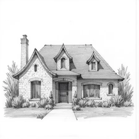 <lora:PencilSketch_Style - FLUX:1> pencil sketch style
architectural sketch of a french countryside style house, arched windows, stone walls, curvy roof, dormers, iron door, small oval window on the side, amazing landscaping,