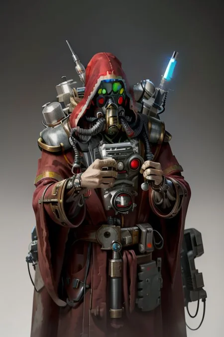 ((masterpiece,best quality)), absurdres, mechanical arms, robes, hood, ((techpriest)), cyborg, mechanical face, (cyber_tech ) mechanical limbs, gas mask, red robe, 1other, solo,