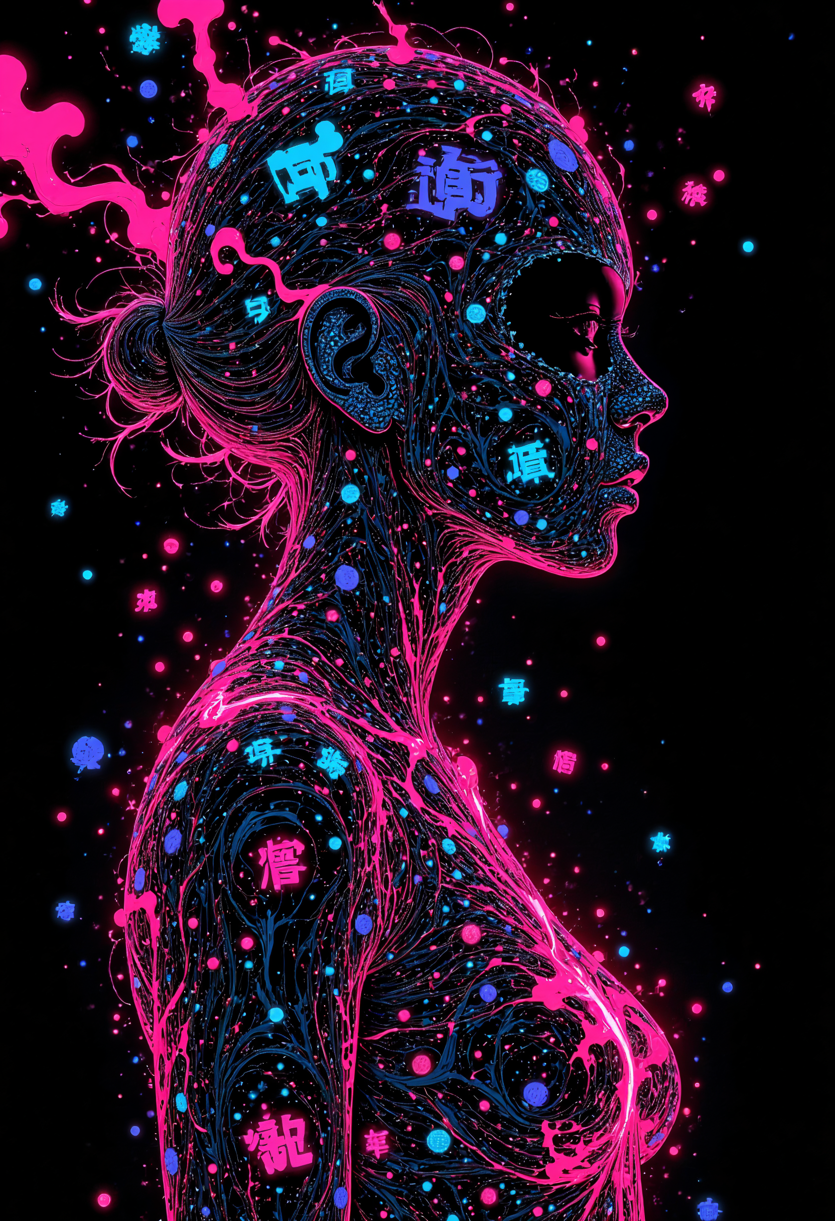(in Otomo Katsuhiro style:1.2), masterpiece, high-quality, An electric poet, her form an outline of neon wires against a dark backdrop, each line flowing in calligraphic strokes as if shes made of flowing ink, Shes surrounded by floating glowing symbols that shift with her movements like characters in an illuminated manuscript forming abstract poetry in the air, neon calligraphy, electric verse, illuminated symbols, (Stylized neon minimalism with flowing linework and a dark, high-contrast palette:1.1), (elaborate fine details:1.1), (hyperdetailed:1.1), (intricate details:1.0), (Refined details:1.1), (best quality:1.1), (high resolution:1.2),