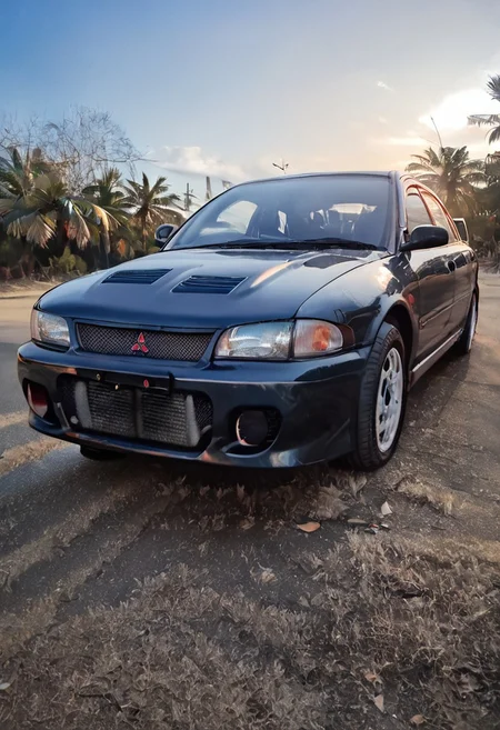 score_9, score_8_up, score_7_up, source_real, realistic, photorealistic, BREAK Mitsubishi Lancer Evo I, (( <lora:mitsubishi_lancer_evo_i:1> , mitsubishi_lancer_evo_i , )) , gold car, car wings, motor vehicle, ground vehicle, vehicle focus, photo background, real world location, outdoors, huge palm tree, sports car, clear sky, scattered clouds. depth of field, cinematic lighting, motion blur, palm trees, miami, tropical, summer,