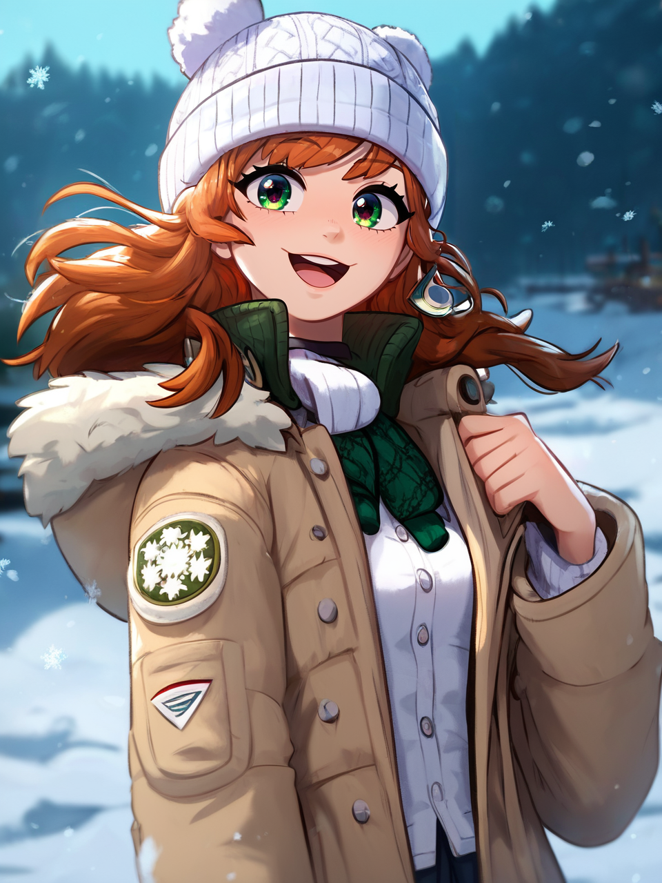 score_9, score_8_up, score_7_up, score_6_up, score_5_up, zPDXL2, max detail, 4k wallpaper, masterpiece, best quality, absurdres, highres, dynamic angle, dynamic pose, source_anime, FluffyLewdsStyle, (Greatm8Stkyle:0.5), 
scenery, 
1girl, solo, hat, long hair, brown hair, shirt, green eyes, looking at viewer, white shirt, blush, snow, collared shirt, smile, fur trim, jacket, upper body, open clothes, white headwear, long sleeves, outdoors, blurry, blurry background, beanie, open mouth, coat, bangs, winter clothes
 <lora:SoftAnimeStyle:1> <lora:ThickOutline:0.2> <lora:aidma-Image Upgrader-v0.1:0.5>