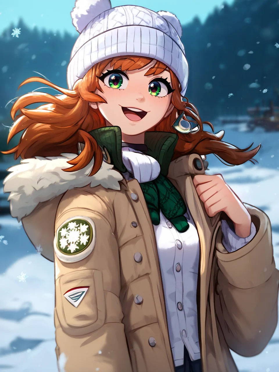 score_9, score_8_up, score_7_up, score_6_up, score_5_up, zPDXL2, max detail, 4k wallpaper, masterpiece, best quality, absurdres, highres, dynamic angle, dynamic pose, source_anime, FluffyLewdsStyle, (Greatm8Stkyle:0.5),
scenery,
1girl, solo, hat, long hair, brown hair, shirt, green eyes, looking at viewer, white shirt, blush, snow, collared shirt, smile, fur trim, jacket, upper body, open clothes, white headwear, long sleeves, outdoors, blurry, blurry background, beanie, open mouth, coat, bangs, winter clothes
<lora:SoftAnimeStyle:1> <lora:ThickOutline:0.2> <lora:aidma-Image Upgrader-v0.1:0.5>