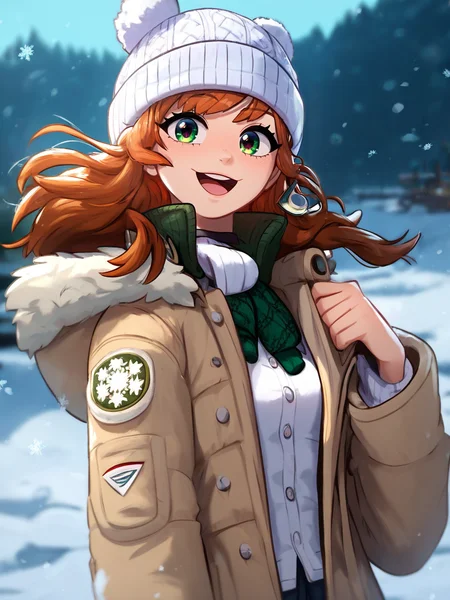 score_9, score_8_up, score_7_up, score_6_up, score_5_up, zPDXL2, max detail, 4k wallpaper, masterpiece, best quality, absurdres, highres, dynamic angle, dynamic pose, source_anime, FluffyLewdsStyle, (Greatm8Stkyle:0.5),
scenery,
1girl, solo, hat, long hair, brown hair, shirt, green eyes, looking at viewer, white shirt, blush, snow, collared shirt, smile, fur trim, jacket, upper body, open clothes, white headwear, long sleeves, outdoors, blurry, blurry background, beanie, open mouth, coat, bangs, winter clothes
<lora:SoftAnimeStyle:1> <lora:ThickOutline:0.2> <lora:aidma-Image Upgrader-v0.1:0.5>