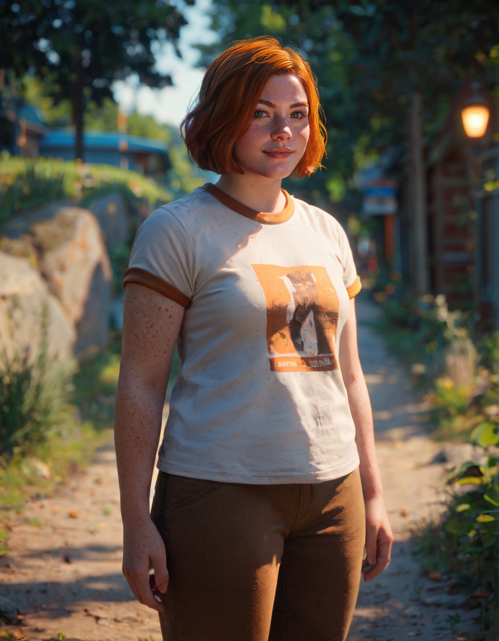 score_9, score_8_up, score_7_up, <lora:swann_v1-000015:0.7>, swann, 1girl, orange hair, short hair, green eyes, freckles, body freckles, plump, t-shirt, brown pants, standing, arms at sides, facing viewer, looking at viewer, outside, depth of field, cinematic lighting, <lora:StS_PonyXL_Detail_Slider_v1.4_iteration_3:3>