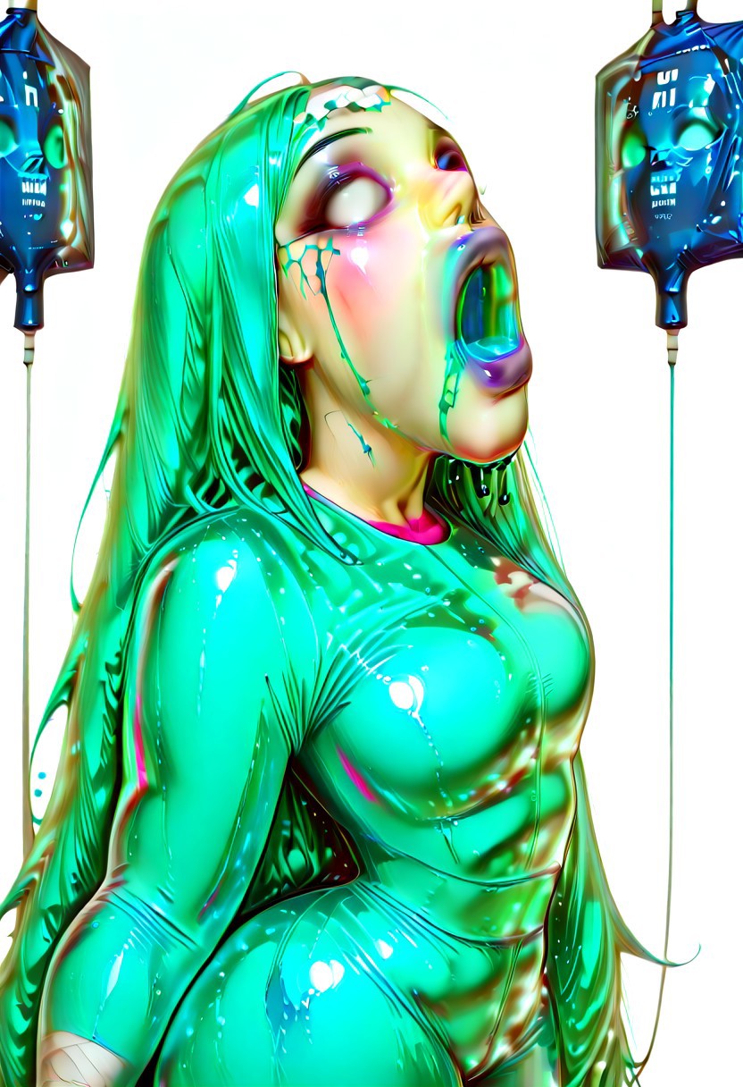 channelstyle, solo, intravenous drip, long hair, hospital gown, bandages, bandaged head, blood, 1girl, aqua eyes, looking at viewer, very long hair, pants, simple background, aqua hair, open mouth, hatsune miku, injury, messy hair, bandaid, empty blood bag, shirt, bandaged arm, cowboy shot, white background, long sleeves, hair down,blue screen of death, glitch,vomiting,
Blue Vomit, masterpiece, best quality, very aesthetic, g0th1c, glowing, neon lights, glowing eyes,, masterpiece, best quality, very aesthetic, easynegative, ltxdoll, (color) dollmask, (color) bodysuit,, covered eyes, covered mouth, covered face,, maskpull, pulling mask,, O-shaped mouth, open mouth, (color) O-ring, (color) inner mouth,, Dollmouth, open mouth, (color) lips, (color) inner mouth,, white eyes, eyebrows, eyeshadow,