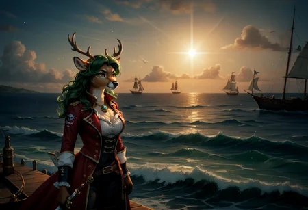 score_9, score_8_up, score_7_up, score_6_up, score_5_up, score_4_up, source_furry, , solo, 1girl, (furry:1.2), (anthro:1.2), female deer, long green hair, brown fur, yellow eyes, glowing antlers, fancy pirate clothing, (jewelry:1.2), pirate captain, sword, command, sailing ship, windy, (open sails:1.3), waves, distant island, pirate pistol, highly detailed, masterpiece, high resolution, realistic, beautiful aesthetic, fluffy, SoftWaterColor, secretlab, novuschroma60 style bokeh