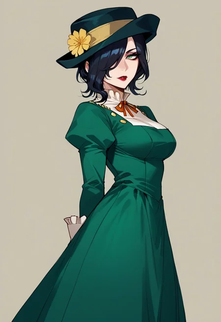 score_9,score_8_up,score_7_up, 1girl, large breast, mayonesh, hat, black hair, medium hair, hair over one eye, makeup, lipstick, green dress, puffy sleeves, black gloves, thigh gap, thighs, anime, looking at viewer, Long Skirt, thin lips, side view,