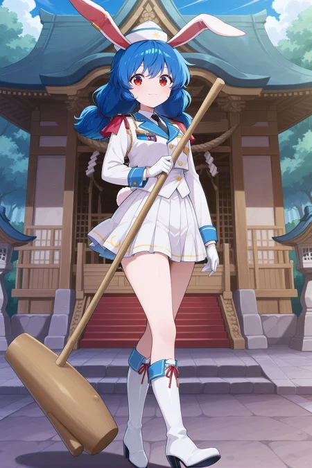 absurdres, highres, masterpiece, best quality, amazing quality, official anime artwork, screencap, anime screencap, outdoors, looking at viewer, light smile, dynamic pose, standing,
 <lora:Seiran_Illustrious:1> seiran, 1girl, solo, red eyes, blue hair, long hair, low twintails, rabbit ears, rabbit tail,, seiran \(white rabbit practical team\), alternate costume, white headwear, earclip, black necktie, military uniform, epaulettes, red chain, white jacket, collared shirt, white shirt, white gloves, pleated skirt, white skirt, white boots, high heel boots, kine, mallet,
shrine, day,