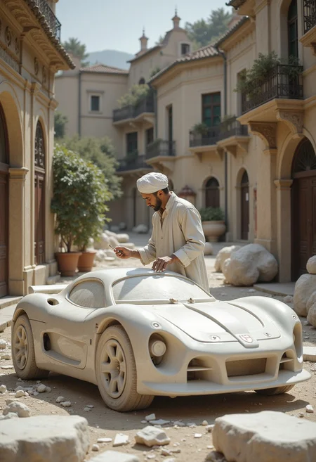 highly detailed and hyper realistic, hyper realistic and highly detailed, ultra intricate details, an antique sculptor carved a car out of marble, a sculptor on the street in his yard, he is surrounded by antique architecture, he is dressed in antique clothes, modern sports car, sculptor carefully working to knock the car out of a block of marble, real size machine, pieces of marble are lying around