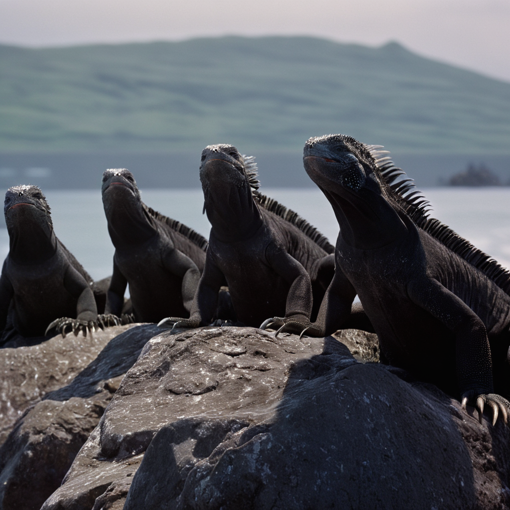cinematic film still of  <lora:Ron Fricke style:1>
a group of marine iguanas sitting on rocks,open mouth,outdoors,sky,teeth,blurry,no humans,blurry background,sharp teeth,monster,kaijuu,godzilla , realistic, realism, movie still, film grain, kodak film, film contrast, film color, cinematography, documentary, photography, 70 mm film, 65 mm film, Todd-AO, Todd-AO 35, 8K resolution, Ron Fricke film director style, Ron Fricke film directing style, Ron Fricke style, shallow depth of field, vignette, highly detailed, high budget, bokeh, cinemascope, moody, epic, gorgeous, film grain, grainy