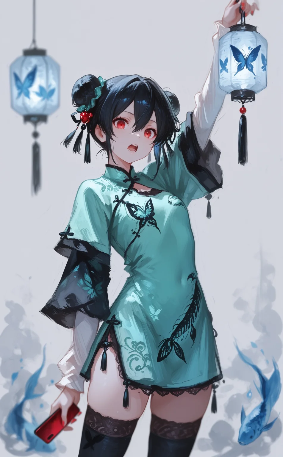 masterpiece, best quality, amazing quality, 1girl, solo, looking at viewer, open mouth, short hair, black hair, long sleeves, hair ornament, red eyes, dress, thighhighs, holding, hair between eyes, standing, short sleeves, cowboy shot, teeth, black thighhighs, grey background, hair bun, nail polish, blurry, arm up, upper teeth only, double bun, depth of field, chinese clothes, phone, short dress, cellphone, animal print, tassel, china dress, lace trim, smartphone, holding phone, green dress, lantern, layered sleeves, short over long sleeves, paper lantern, print dress, butterfly print, fish print, traditional media, monochrome, painting \(medium\), watercolor \(medium\), graphite \(medium\),
blue theme, fuyumur4s4ki_illu <lora:ppw_v7_noobEv1.1:0.8> <lora:fuyumur4s4ki_style:0.7>