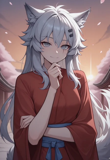 anime, masterpiece, best quality, <break> solo, 1girl, lpddcdza, scar across eye, wolf tail, slight smile, closed mouth, looking at viewer, hand on own arm, hand on own chin, long hair, grey hair, hair between eyes, messy hair, hairclip, animal ears, animal ear fluff, grey eyes, japanese clothes, red kimono, blue sash, obi, outdoors, sunset, cloud, east asian architecture, cherry blossoms
<segment:yolo-Anzhc Face seg 640 v2 y8n.pt,0.4,0.5//cid=1>