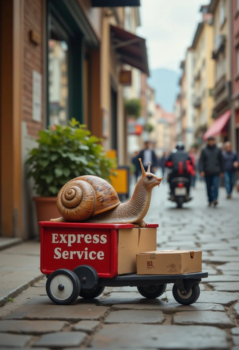 A snail pulling a mini delivery cart labeled ‘Express Service, aidmafluxpro1.1, aidmaMJ6.1