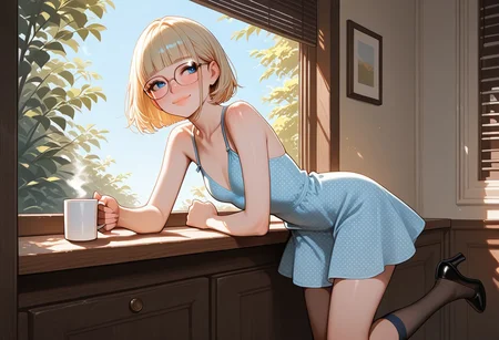 masterpiece, best quality, 32k, high resolution, absurdres, .saly, blonde, eyeglasses, slim, blue eyes, eyeglasses, short hair, blunt bangs, cute face, beautiful lips, small breasts, freckles, shy smile, leaning on high counter, hightop, (looking out the window), dappled sunlight, morning sun, drinking coffee, holding coffee mug, dress, kneehighs, polka dot, black heels, masterpiece, best quality, newest, absurdres, highres, very awa,