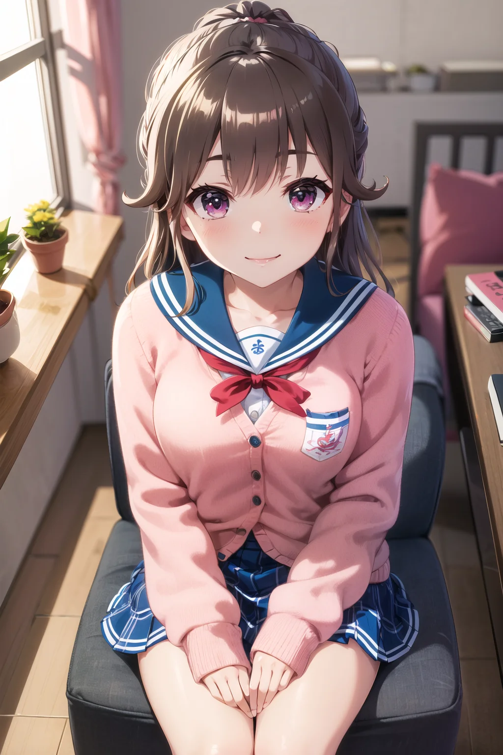 (masterpiece, best quality, beautiful detailed eyes, absurdres, closeup), 1girl, hayasaka mei, uniform, pink jacket, cardigan, pink cardigan, red ribbon, blue sailor collar, blue skirt, blue socks, looking at viewer, evil smile, lying, <lora:hayasakaMeiIdoly_v10:0.7>