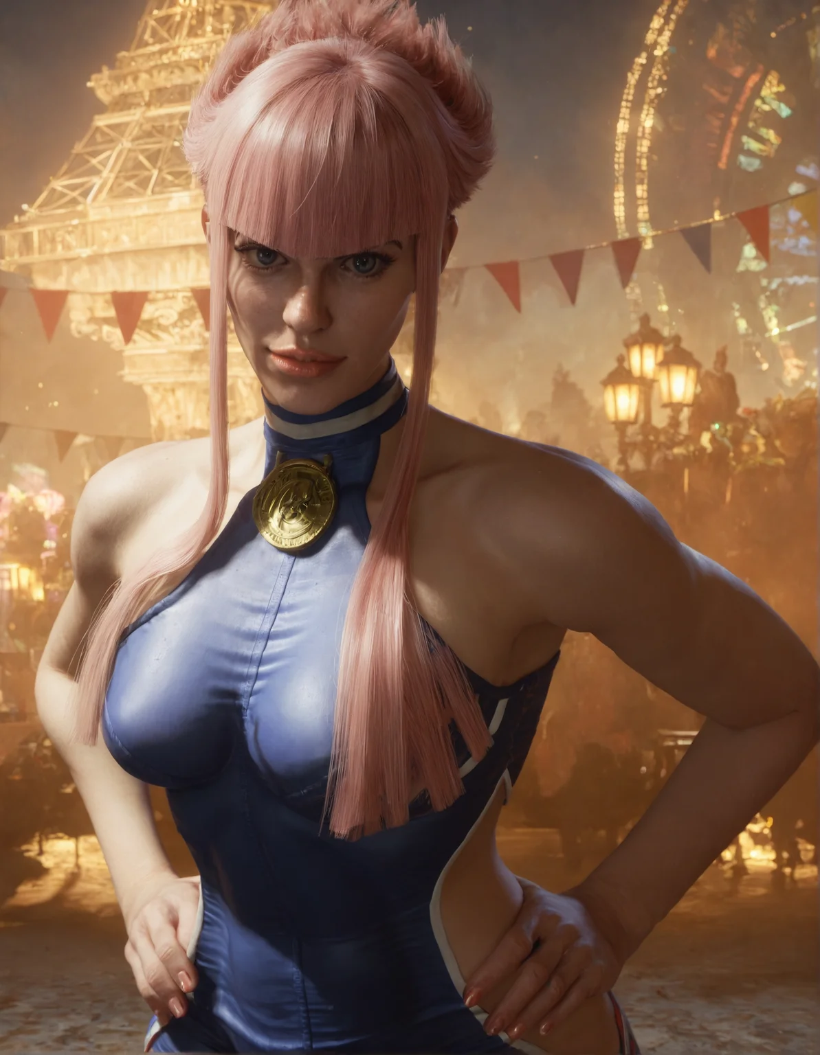 score_9, score_8_up, score_7_up,score_6_up,high resolution,mnon,mnon hair,3d,photo,realistic,pink hair,1girl,solo,upper body,bodysuit,in Paris,volumetric lighting,rim lighting,front view,hand on hip,looking at viewer