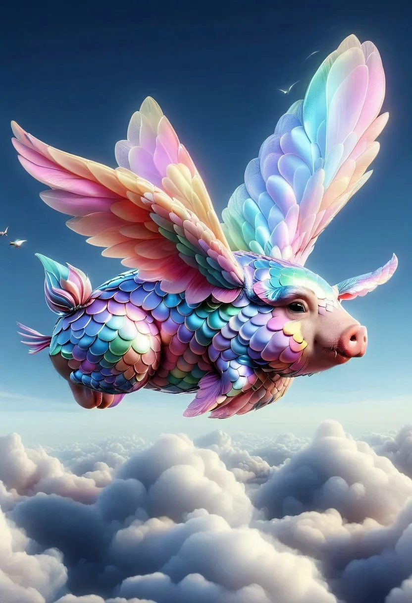 ultra realistic, detailed background, p1nk1r1sc4l3s, made out of iridescent scales, detailed background, flying pigs