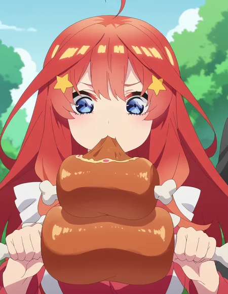 score_9, score_8_up, score_7_up, source_anime, <lora:itsuki-nakano-s2-ponyxl-lora-nochekaiser:1>, itsuki nakano, bangs, long hair, blue eyes, hair between eyes, ahoge, red hair, star (symbol), hair ornament, star hair ornament, large breasts, anime screencap, <lora:boned-meat-ponyxl-lora-nochekaiser:1>, boned meat, holding, food, eating, holding food,, ,