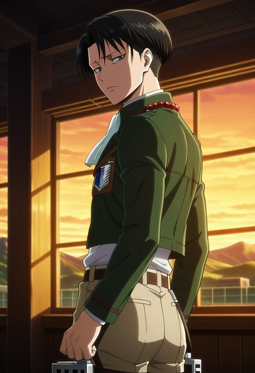 masterpiece, best quality, intricate details, anime screencap, anime coloring, official style, looking at viewer, depth of field, 1boy, solo, male focus, <lora:levi_ackerman_ilxl:0.9>, levi_ackerman, black hair, black eyes, short hair, curtained hair, paradis military uniform, ascot, three-dimensional maneuver gear, rule of thirds, mountaintop city, indoors, dark, looking back, nervous, Pleated khaki shorts, Rugby polo, , , Prayer beads