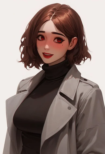 score_9, score_8_up, score_7_up, score_6_up, score_5_up, score_4_up, portrait, upper body, smiling with open mouth, short hair, heavy makeup, long eyelashes, blushing, turtleneck, sweater, red lips, simple background, solo, long sleeves, red eyes, black dress, mole under eye, white background, skindentation, 1girl, looking at viewer, grey coat, blush, brown hair, trench coat, open coat, large breasts