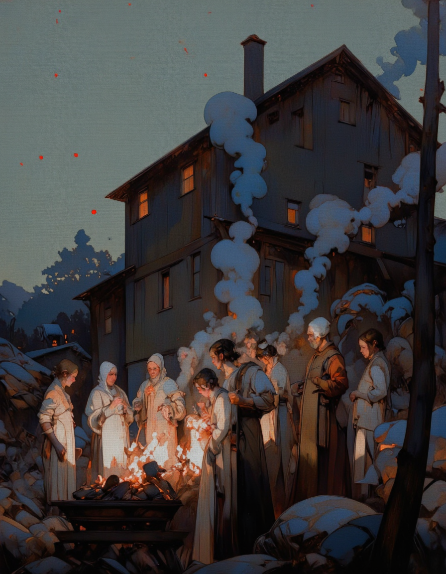 Steve McDonald Art. This image is a digitally created artwork in a stylized, semi-realistic manner, depicting a group of people gathered around a fire in a rustic, historical setting. The scene is set at night, with a dusky, blue-gray sky and a few faint, glowing red orbs scattered in the background, suggesting a cold, dim atmosphere.
The central focus is a large, wooden structure with a dark, weathered exterior, illuminated by warm, orange light from within. The building has a steeply pitched roof and multiple windows, some of which are lit, casting a soft glow that contrasts with the dark surroundings. Smoke rises from the chimney, adding to the rustic, cozy feel of the scene.
The group of people gathered around the fire consists of men and women dressed in period-appropriate attire, including long, loose-fitting garments and head coverings. Their expressions range from contemplative to weary, suggesting a sense of hardship or struggle. The fire itself is a central source of warmth, with flames flickering and casting a warm, golden light that bathes the group in a comforting glow.
The textures of the clothing and the rough, weathered wood of the building are rendered with a textured, painterly style, enhancing the sense of realism and historical accuracy. <lora:Steve_McDonald:1.25>