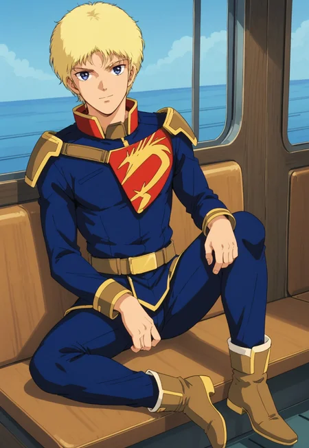 score_9, score_8_up, score_7_up, source_anime, cowboy shot, front view, BREAK, ( glemy_toto, blue eyes, blonde hair, best eyes, looking at viewer, uniform, full body, ) 1boy, male focus, solo, BREAK, ship interior, starscape through window,