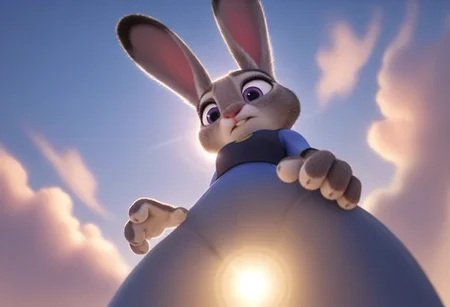 judyhopps standing, solo, low angle, bunny, backlighting, sunset, clouds, looking down, front view, macro <lora:judyhopps-v2-ponyv6xl:0.8>