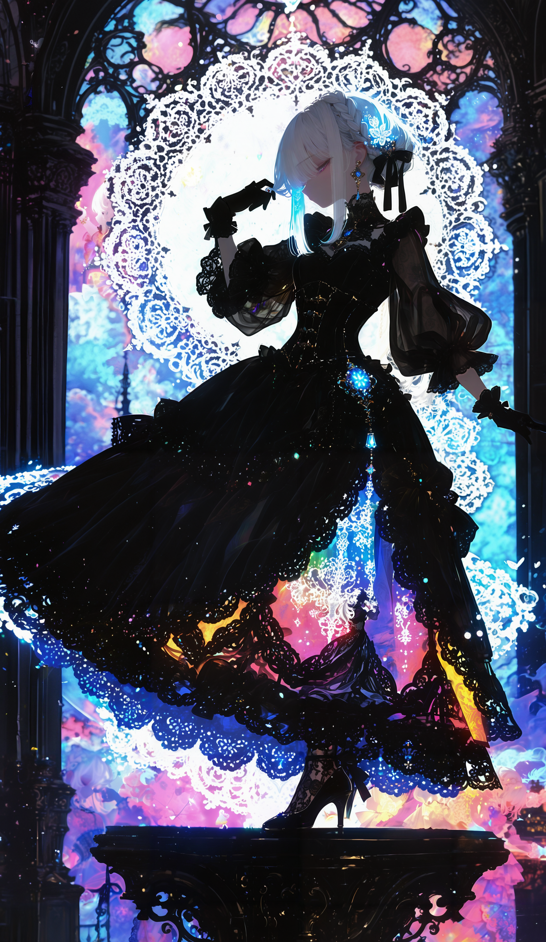 masterpiece, newest,absurdres,incredibly absurdres, best quality, amazing quality, very aesthetic, surreal, painterly,
1girl, solo, dynamic pose, twirling, arms outstretched, long white hair, intricate hairstyle, braid, hair ornament, ribbon in hair, ornate dress, layered dress, frills, lace, puff sleeves, corset, colorful dress, jewel accents, embroidery, sheer fabric, high heels, dramatic lighting, scenic background, fantasy setting, elegant, expressive
<lora:HassaKu_style:1>HassaKu_illu  <lora:XXX477:0.6> xxx667_illu, glowing,
