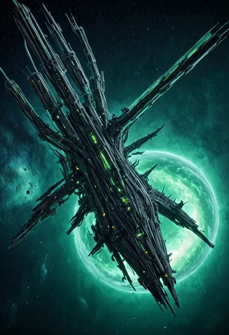 h0rr0rstyl3, CosmicStyle, galactic orbit, biomechanical starships, alien dreadnoughts, vast space fleet, deep-space perspective, sinister propulsion cores, organic hull plating fused with alloy skeletons, eerie green luminescence, eldritch-tech fusion design, hovering above a dying planet, hostile intent, colossal scale, pulsating engine chambers, venomous color palette, surreal war vessels, drifting in interstellar silence, atmospheric friction glow, ancient unknown technologies, cosmic horror aesthetic, spacecraft formation resembling occult geometry
