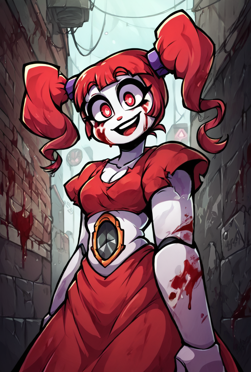 score_9, score_8_up, score_7_up, best quality, good quality ,, character focus, solo, , best quality,   <lora:circbab-04:1> circbab, solo, robot, red hair, twintails, 1girl, open eyes, detailed background, dark alley, covered in blood,  <lora:Gem_Style:1> gem_style