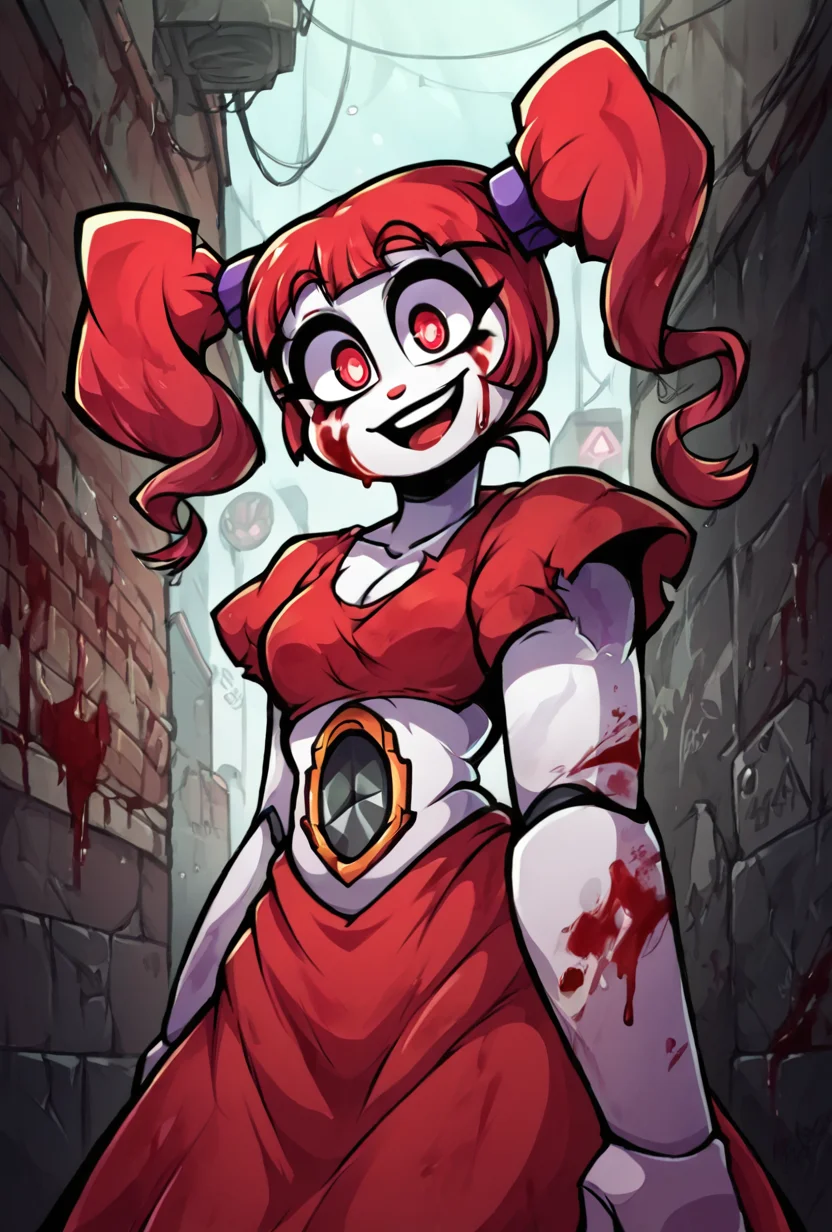 score_9, score_8_up, score_7_up, best quality, good quality ,, character focus, solo, , best quality, <lora:circbab-04:1> circbab, solo, robot, red hair, twintails, 1girl, open eyes, detailed background, dark alley, covered in blood, <lora:Gem_Style:1> gem_style