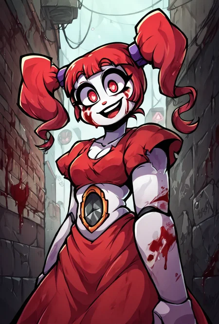 score_9, score_8_up, score_7_up, best quality, good quality ,, character focus, solo, , best quality,   <lora:circbab-04:1> circbab, solo, robot, red hair, twintails, 1girl, open eyes, detailed background, dark alley, covered in blood,  <lora:Gem_Style:1> gem_style