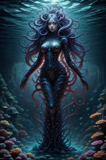 at distance,cowboy shot,posing,flirting,[playful gaze, smirking,radiant smile:1.1],1girl,complex background,complex stuff,<lora:Concept_-_Hella-sthetic_v2:0.7>,<lora:Underwater_world:0.7>,bioluminescence,underwater world,fantastic sea creatures,mermaids,watercraft,tentacles,coral,organisms and other marine life,fantastic and mythical sea creatures,, intricate, elegant, highly detailed, symmetry, magical atmosphere, sharp focus, majestic, very coherent, radiant, advanced, cinematic, artistic, fine detail, winning, beautiful, stunning, dramatic light, designed, rich deep colors, perfect professional background, ambient, tailored set composition
