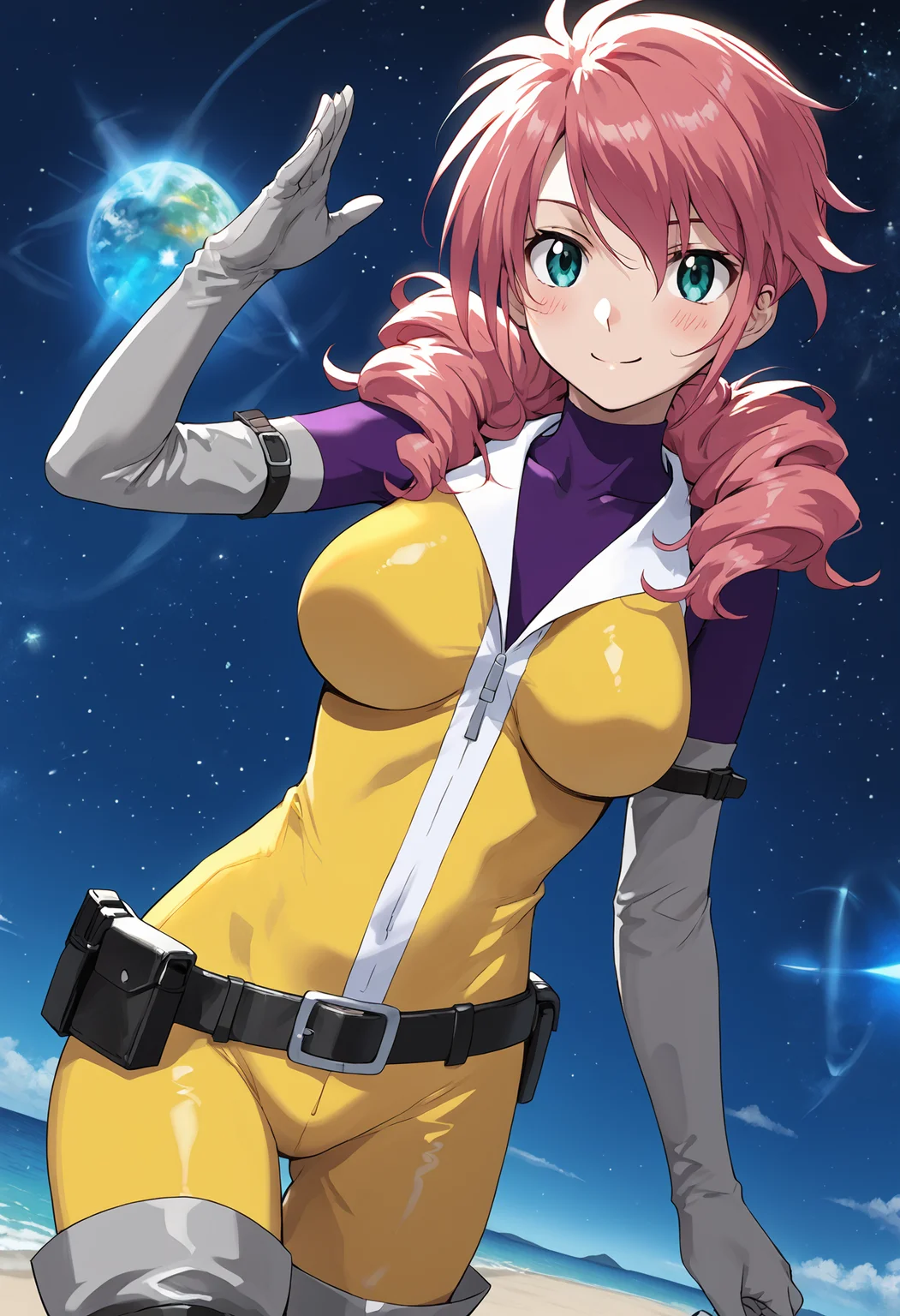 score_9, score_8_up, score_7_up, score_6_up, score_ANIME,, feldtgrace, feldts1, yellow jumpsuit, 1girl, solo, turtleneck bodysuit, pink hair, belt, elbow gloves, green eyes, twin drills, long hair, open collar, large breasts, hair over shoulder <lora:feldt_grace_pony:1> looking at viewer, blush, thigh boots, cowboy shot, space, night sky, smile, in air, floating,