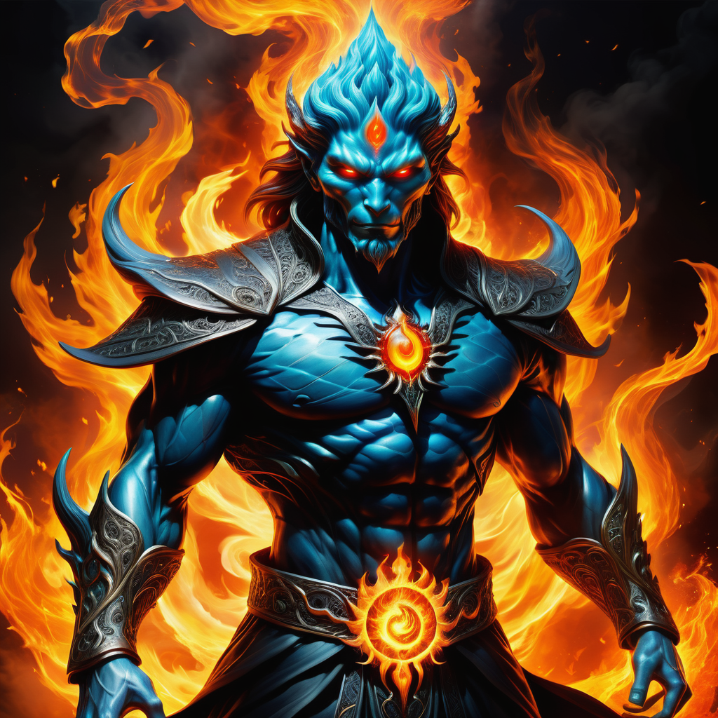 hyper detailed masterpiece, dynamic, awesome quality,jinn, supernatural being, shapeshifting abilities, appears as smoke or fire, humanoid appearance, magical supernatural powers, air and fire elements, causing harm, powerful and mysterious