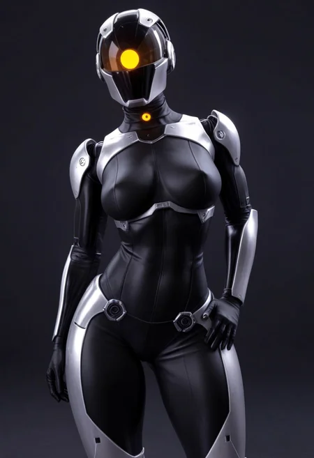 A sleek futuristic scene, a female robot in a form-fitting white armored suit with black accents, she is exuding a sense of strength and unity, against a plain light-colored background, <lora:DetailMaximizer:1>, <lora:MJ52:0.4>, <lora:MJ52_v2.0:1>, <lora:CinematicStyle_v1:1>, <lora:zavy-cntrst-sdxl:0.5>