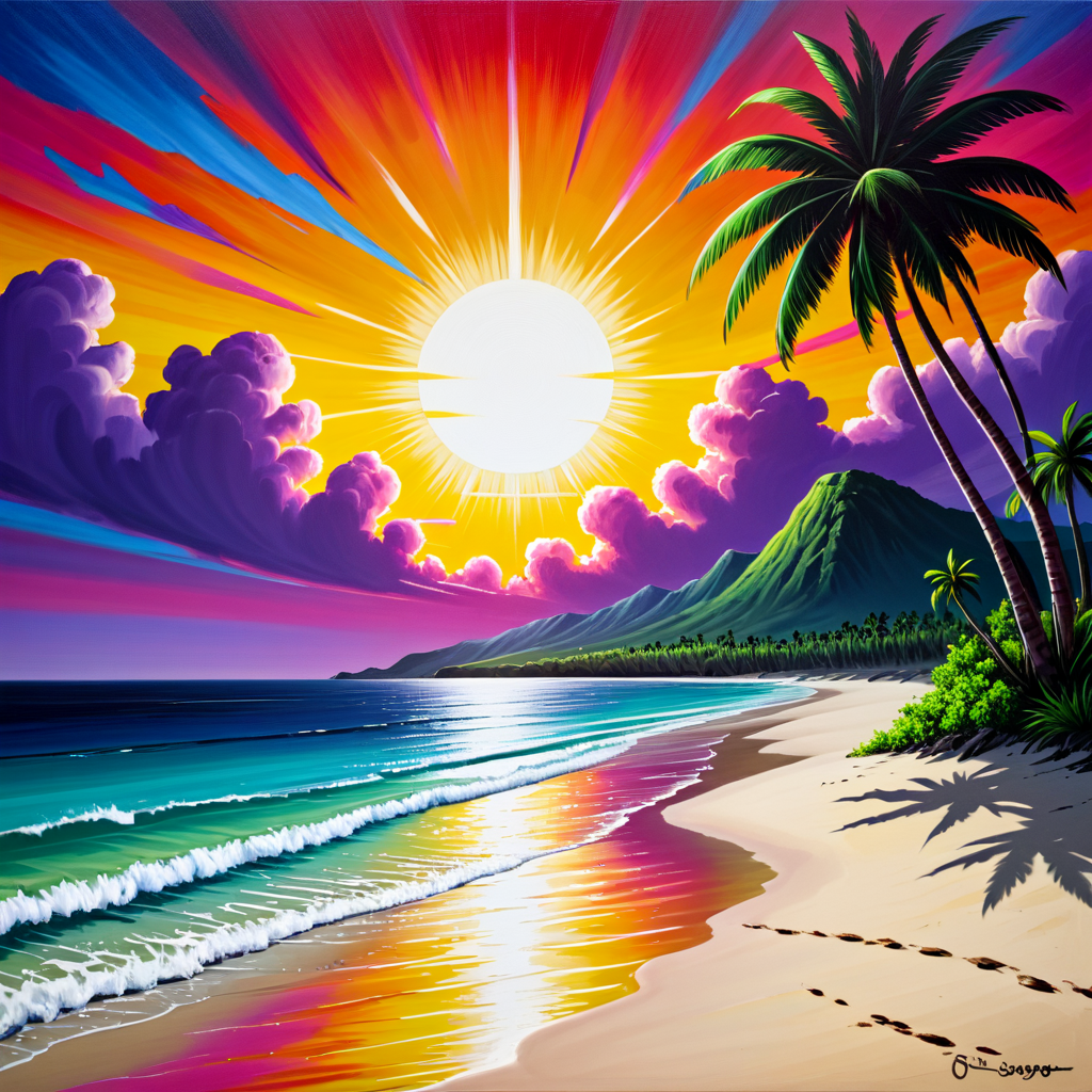 Hard edge painting style with sharp, defined edges between colors, creating a bold and graphic visual impact, MHXL-Pos, Vibrant tropical beach at sunset, with dramatic sky colors reflecting on the calm sea, palm trees swaying gently in the breeze, vivid colors and soft shadows, focusing on the serene beauty of the beach and the tranquil mood of the sunset, hyper-maximalist, extremely intricate, abstract, surreal, vibrant colours, hard edge painting, sharp edges, defined edges, bold, graphic, abstract, minimalist, modern,MHXL-Pos